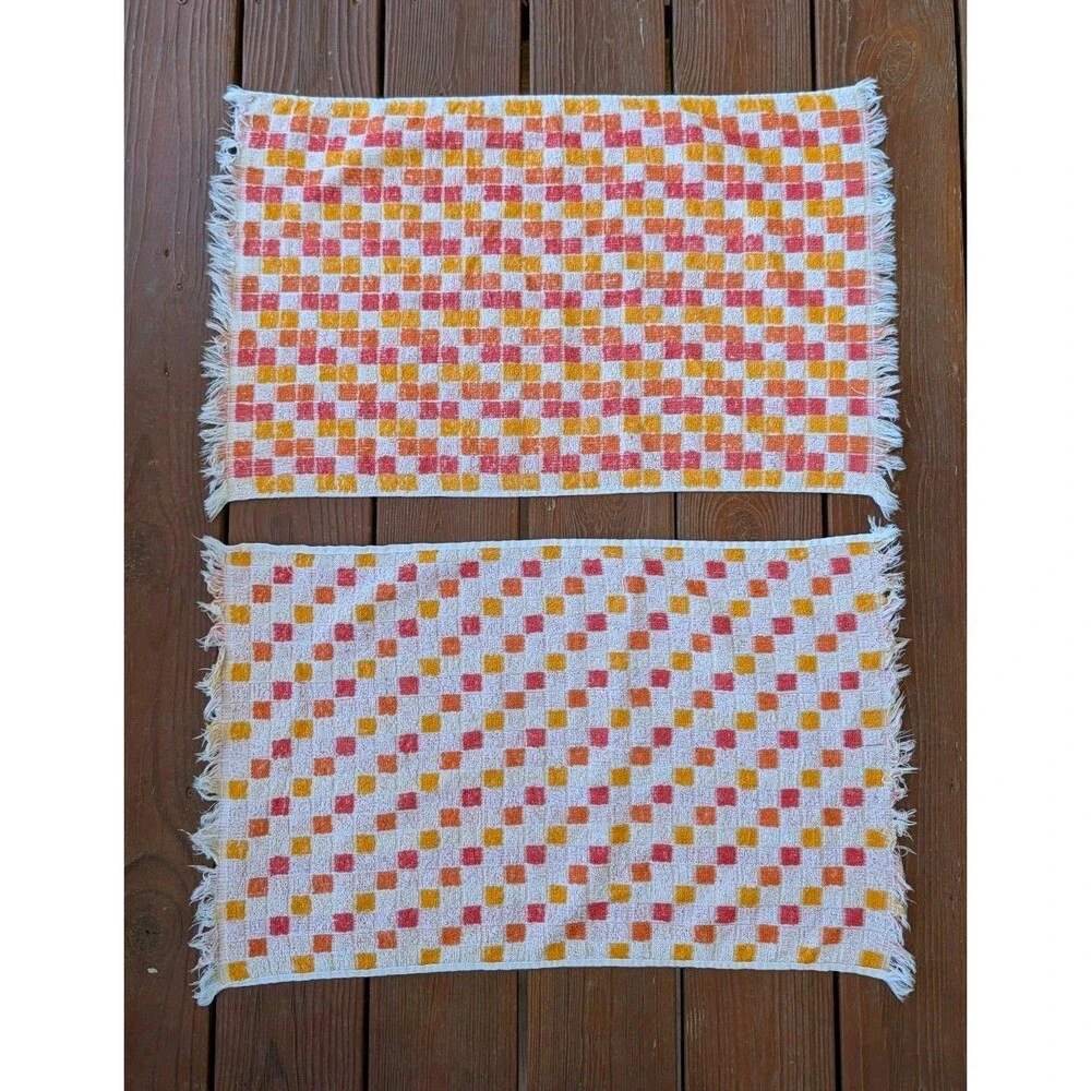 Vintage MCM 60s Hand Towels (2) Retro Red Orange Yellow Kitchen Bathroom 26x15.5